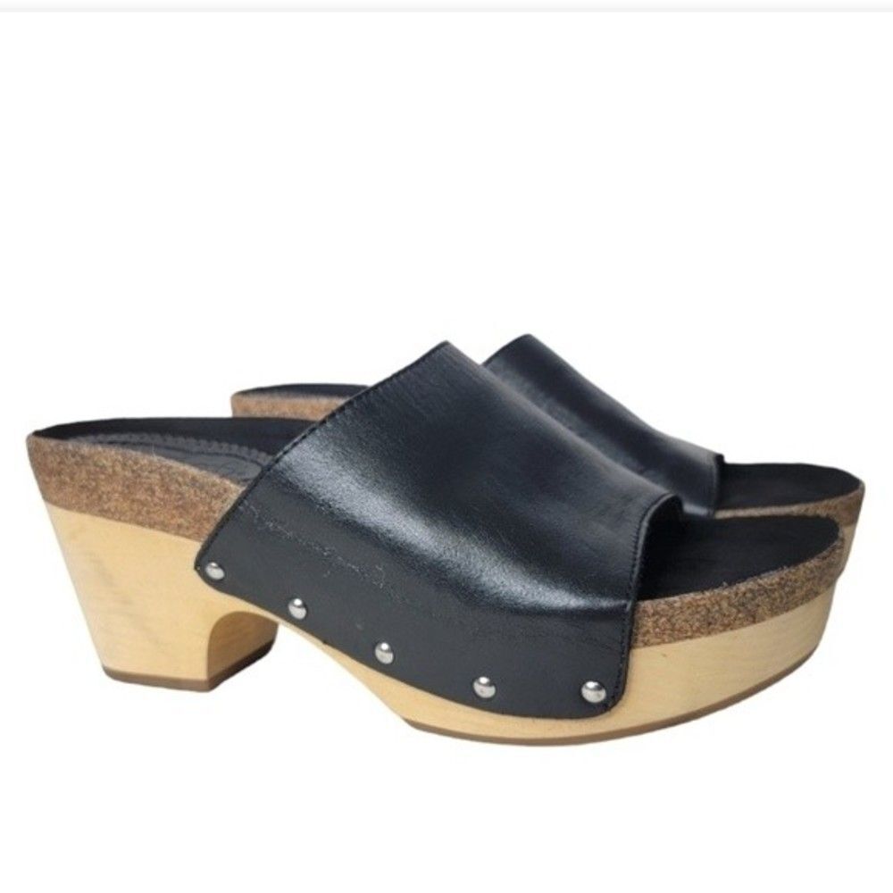 Anthropology Latigo Lola black leather wood platform shoes size 7M mule *